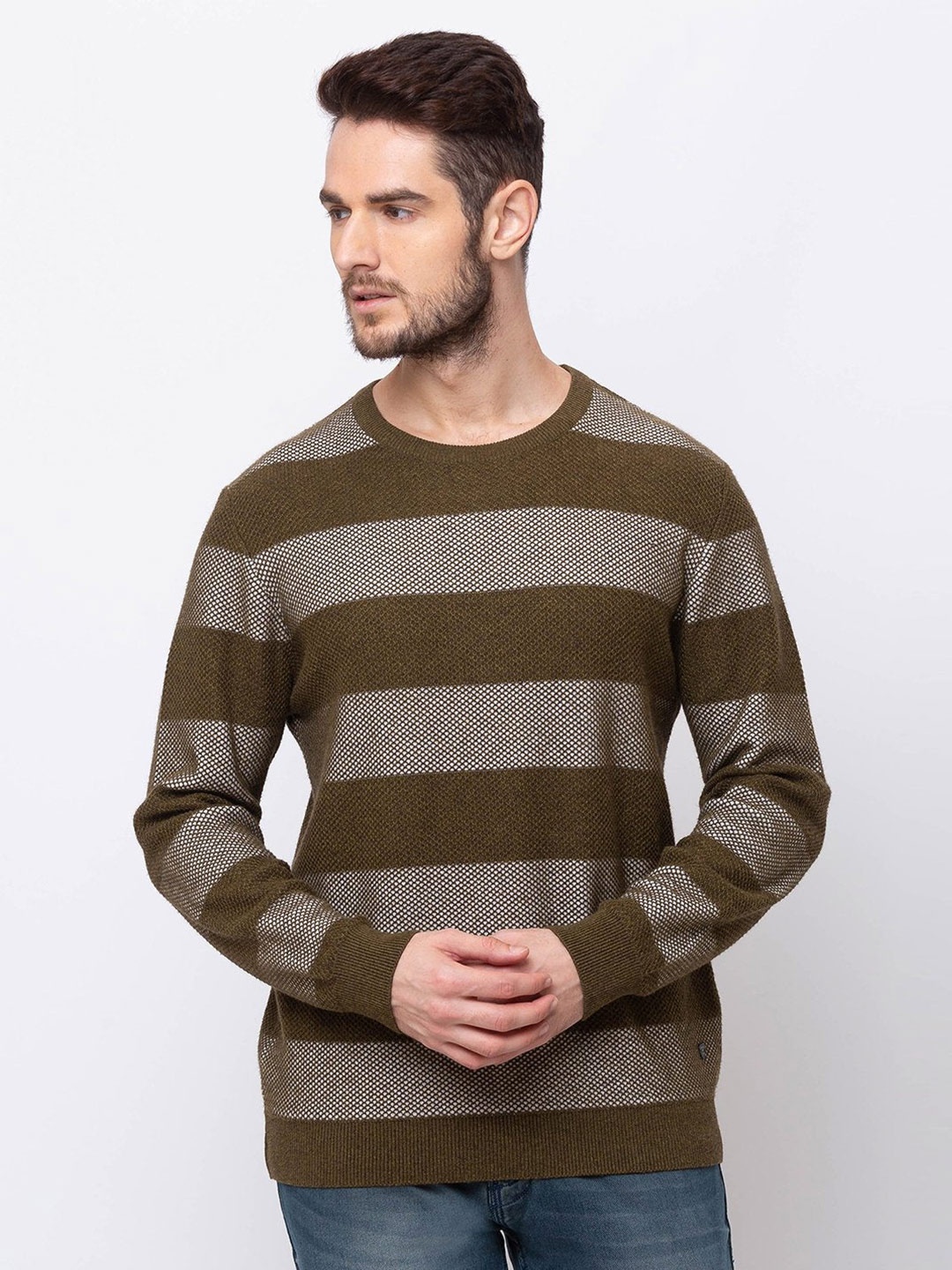 

Status Quo Men Striped Cotton Sweatshirt, Olive