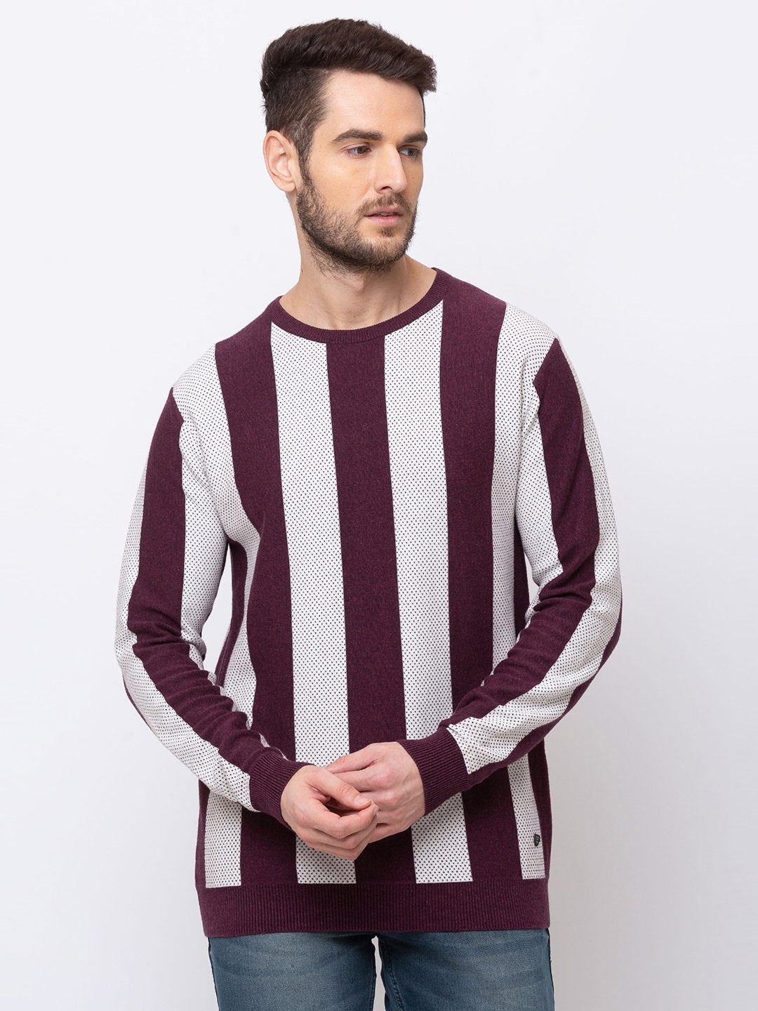 

Status Quo Men Striped Cotton Sweatshirt, Maroon