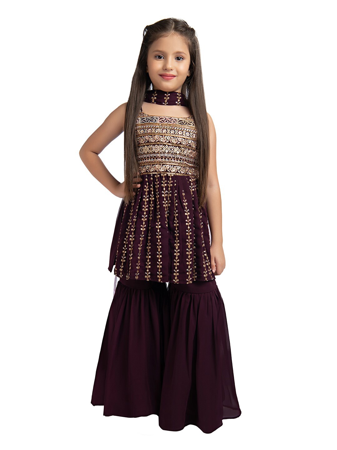 

Tiny Kingdom Girls Ethnic Motifs Embroidered Pleated Kurta with Sharara & Dupatta, Burgundy