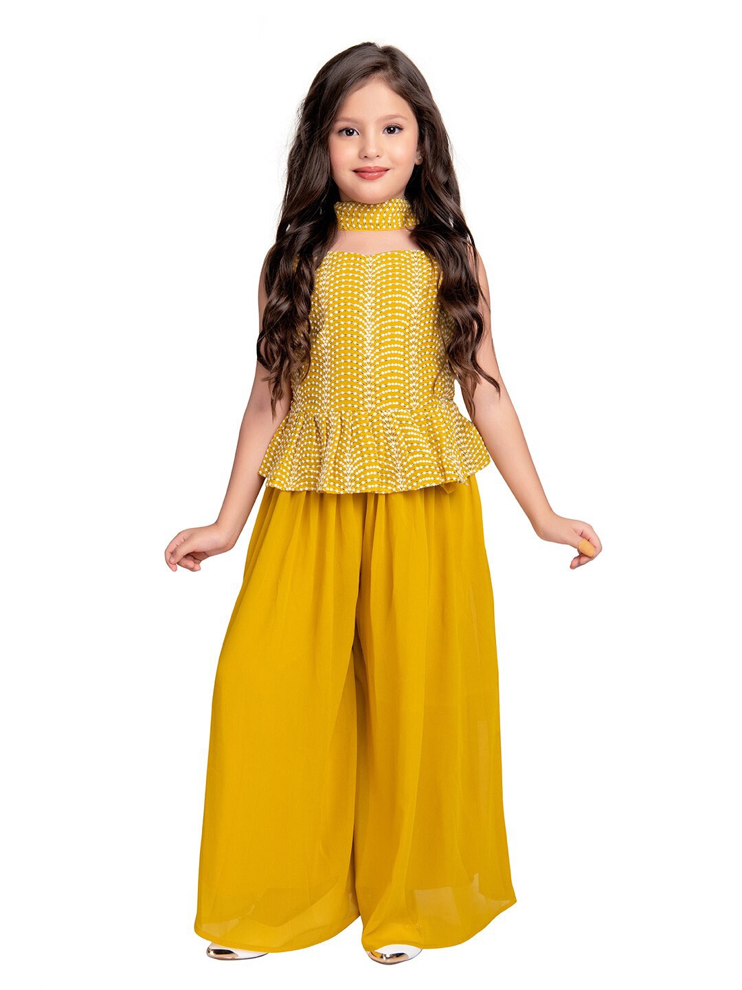 

Tiny Kingdom Girls Ethnic Embroidered Sequinned Top with Palazzos & Dupatta, Mustard