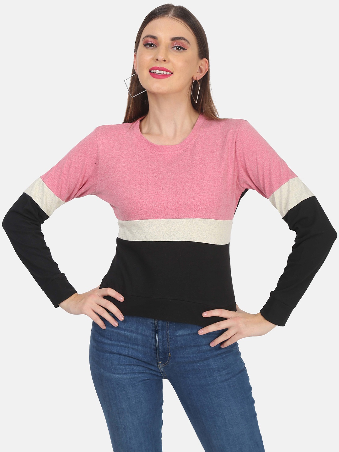 

DIAZ Women Round Neck Colourblocked Cotton T-shirt, Pink