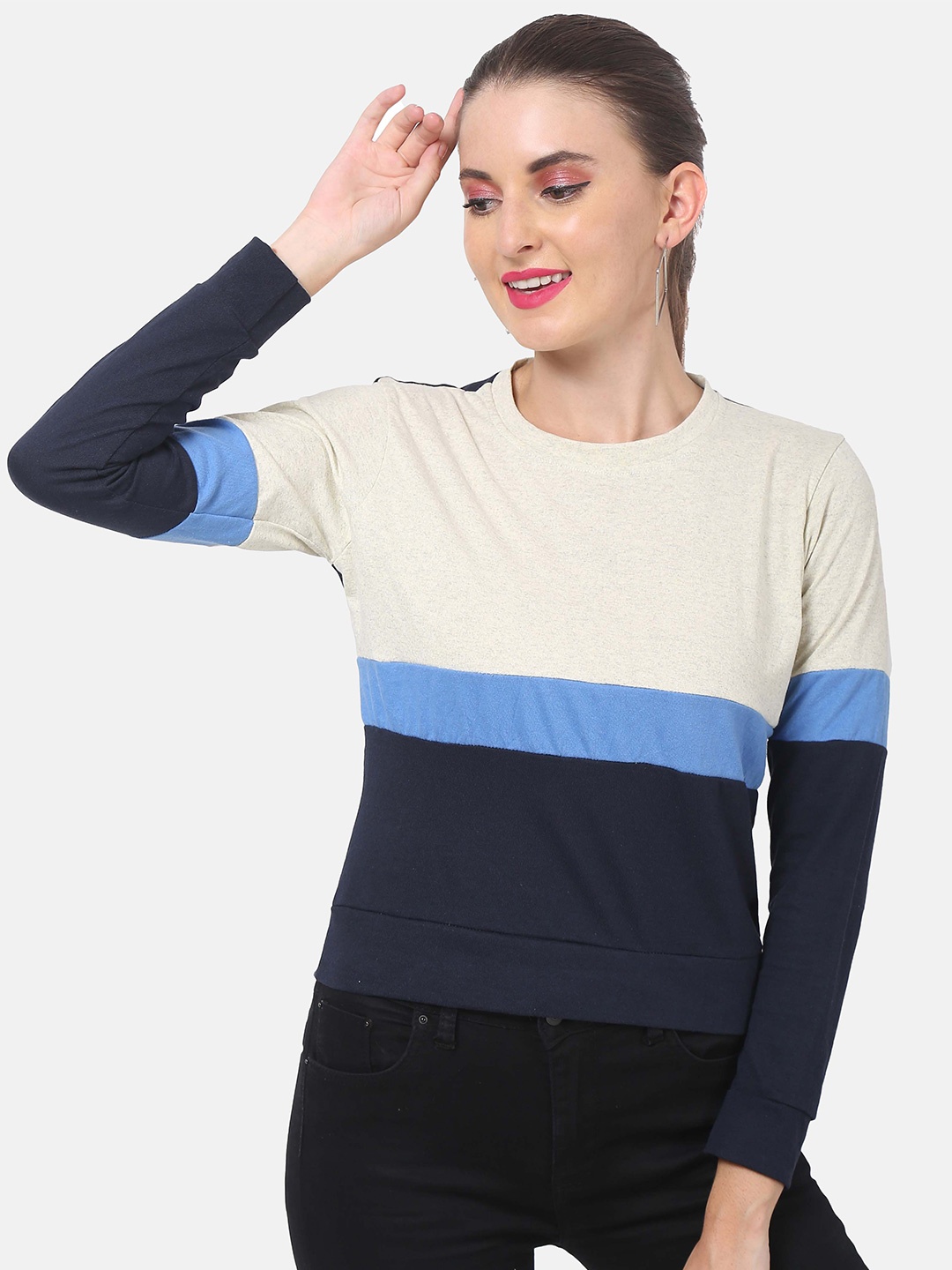 

DIAZ Women Round Neck Colourblocked T-shirt, White