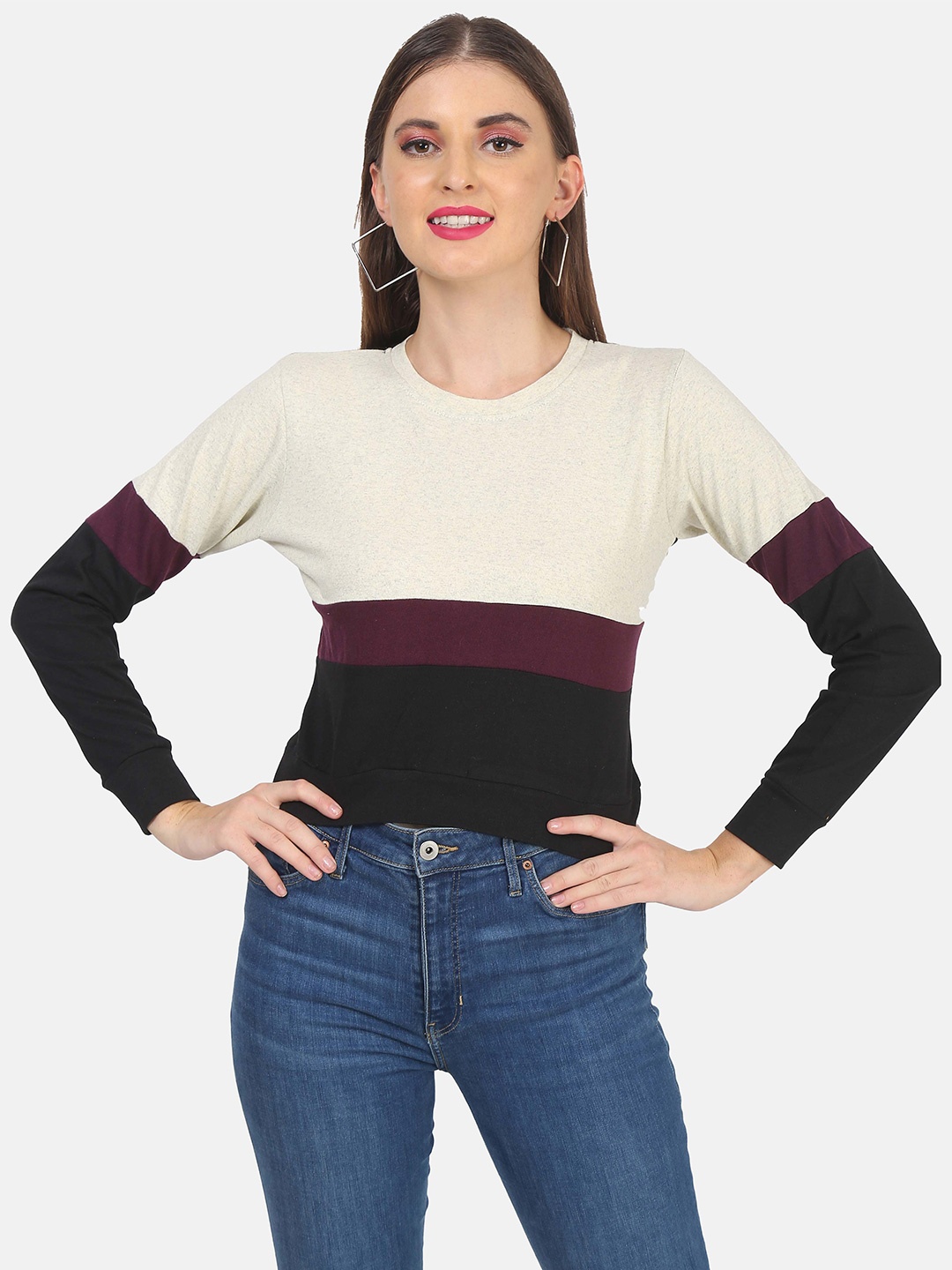

DIAZ Women Round Neck Colourblocked Cotton T-shirt, Cream
