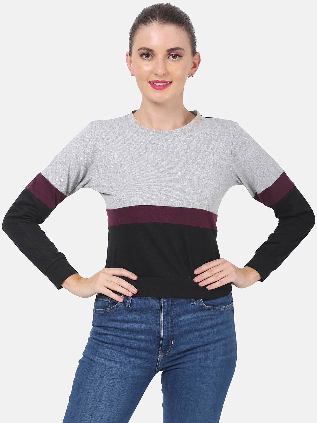 

DIAZ Women Round Neck Colourblocked T-shirt, Grey