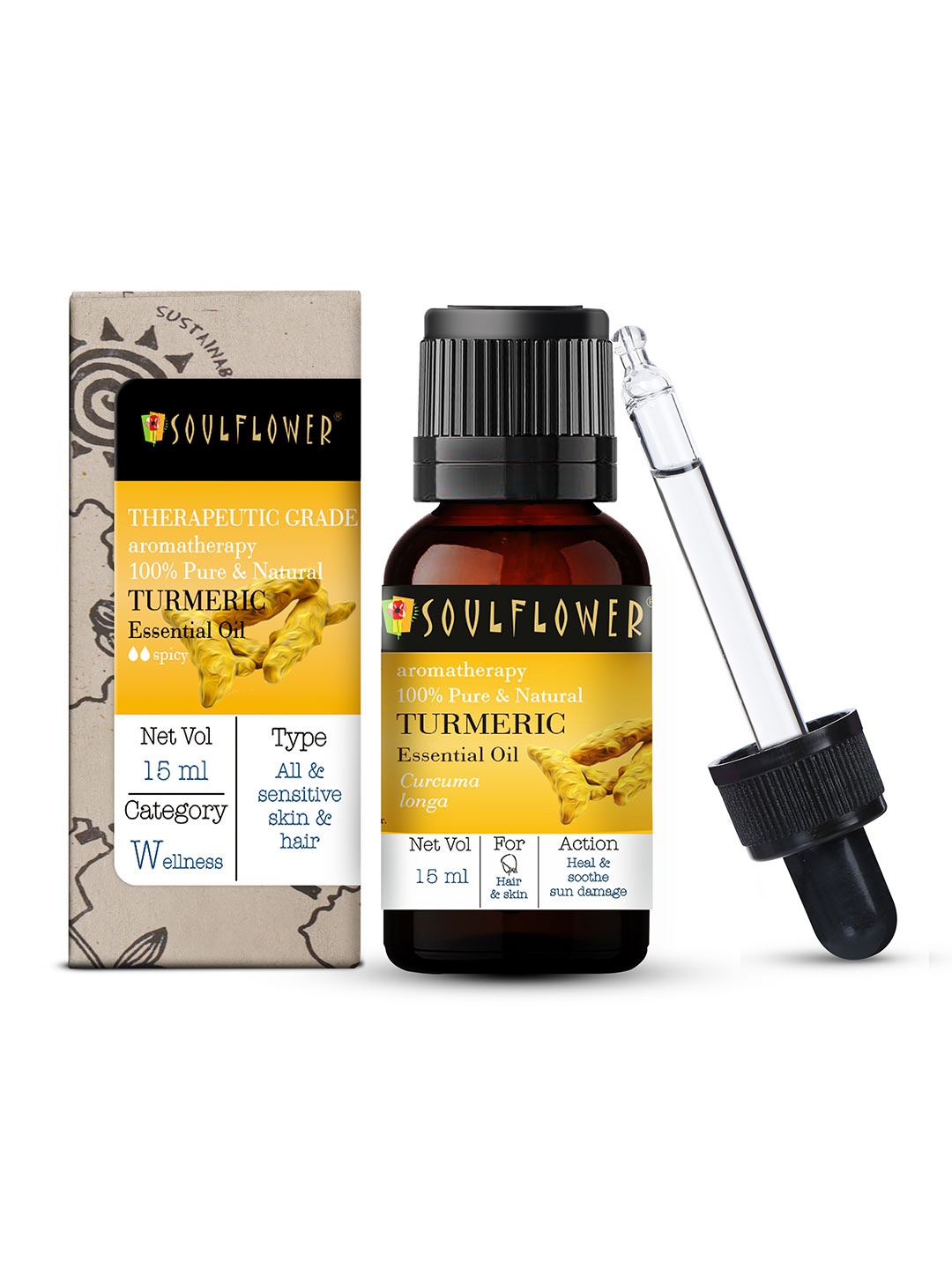 

Soulflower 100% Pure Turmeric Essential Oil To Heal & Soothe Sun Damage - 15 ml, Yellow