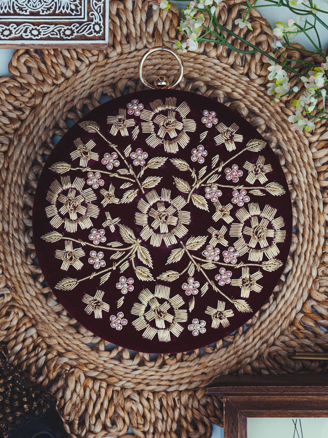 

NR By Nidhi Rathi Embroidered Embroidered Box Clutch, Maroon