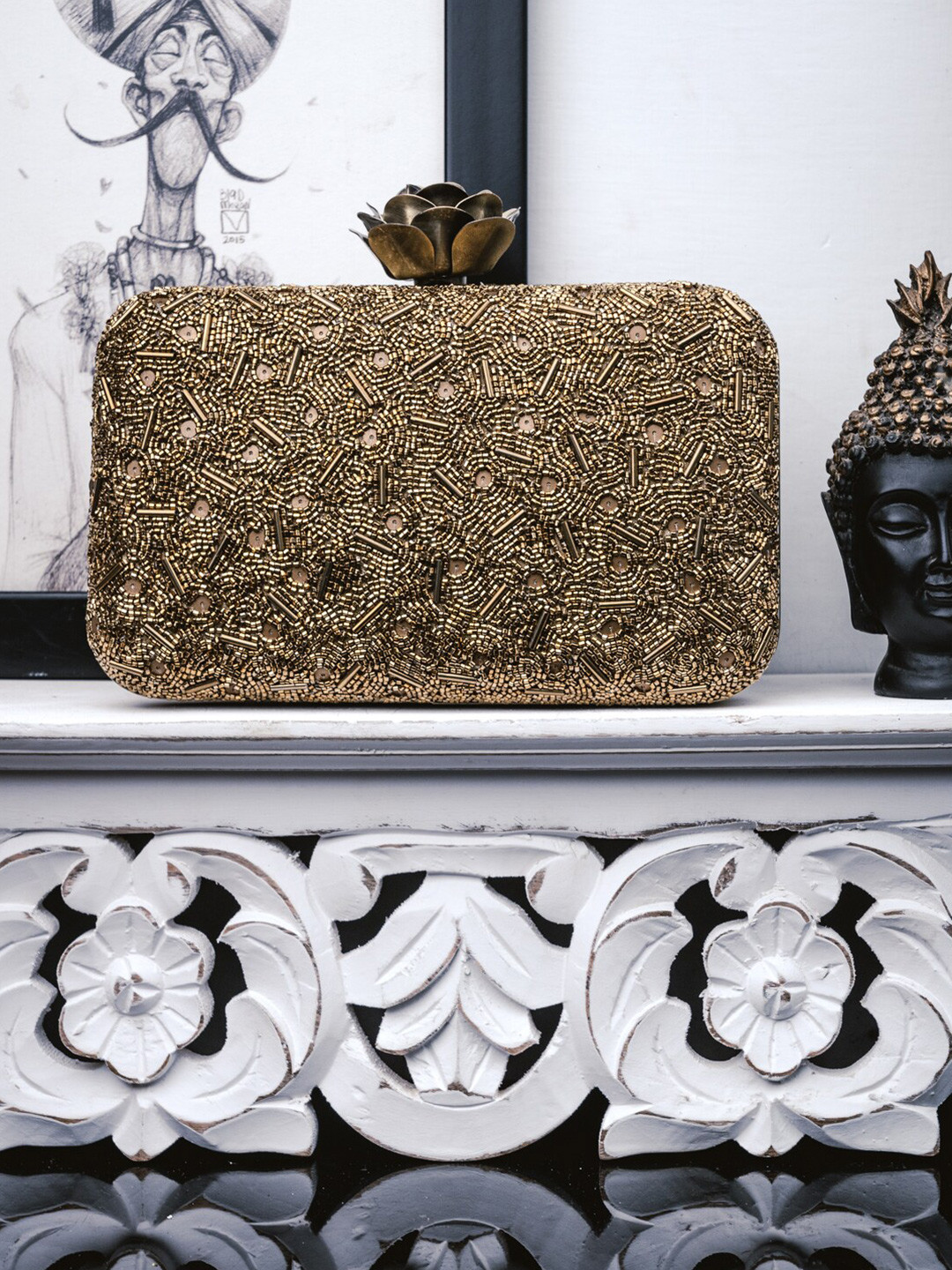 

NR By Nidhi Rathi Embroidered Embroidered Box Clutch, Copper