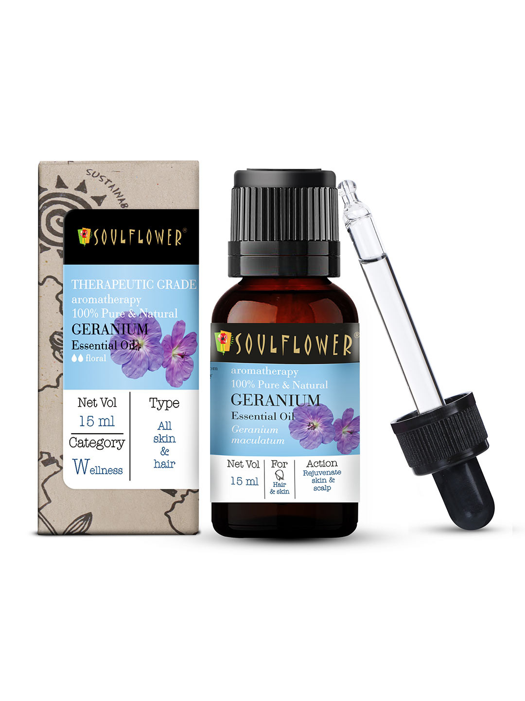 

Soulflower 100% Pure & Natural Geranium Essential Oil To Rejuvenate Skin & Scalp - 15 ml, Blue