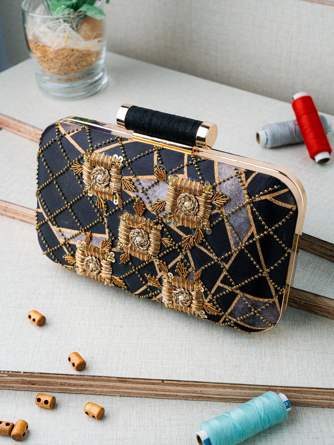 

NR By Nidhi Rathi Embellished Box Clutch, Black