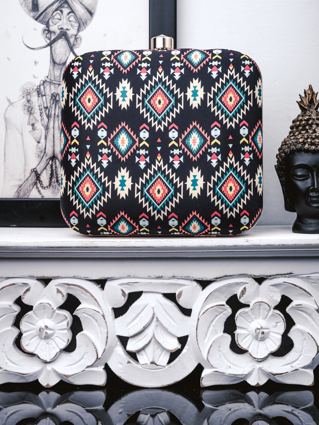 

NR By Nidhi Rathi Geometric Printed Box Clutch, Black