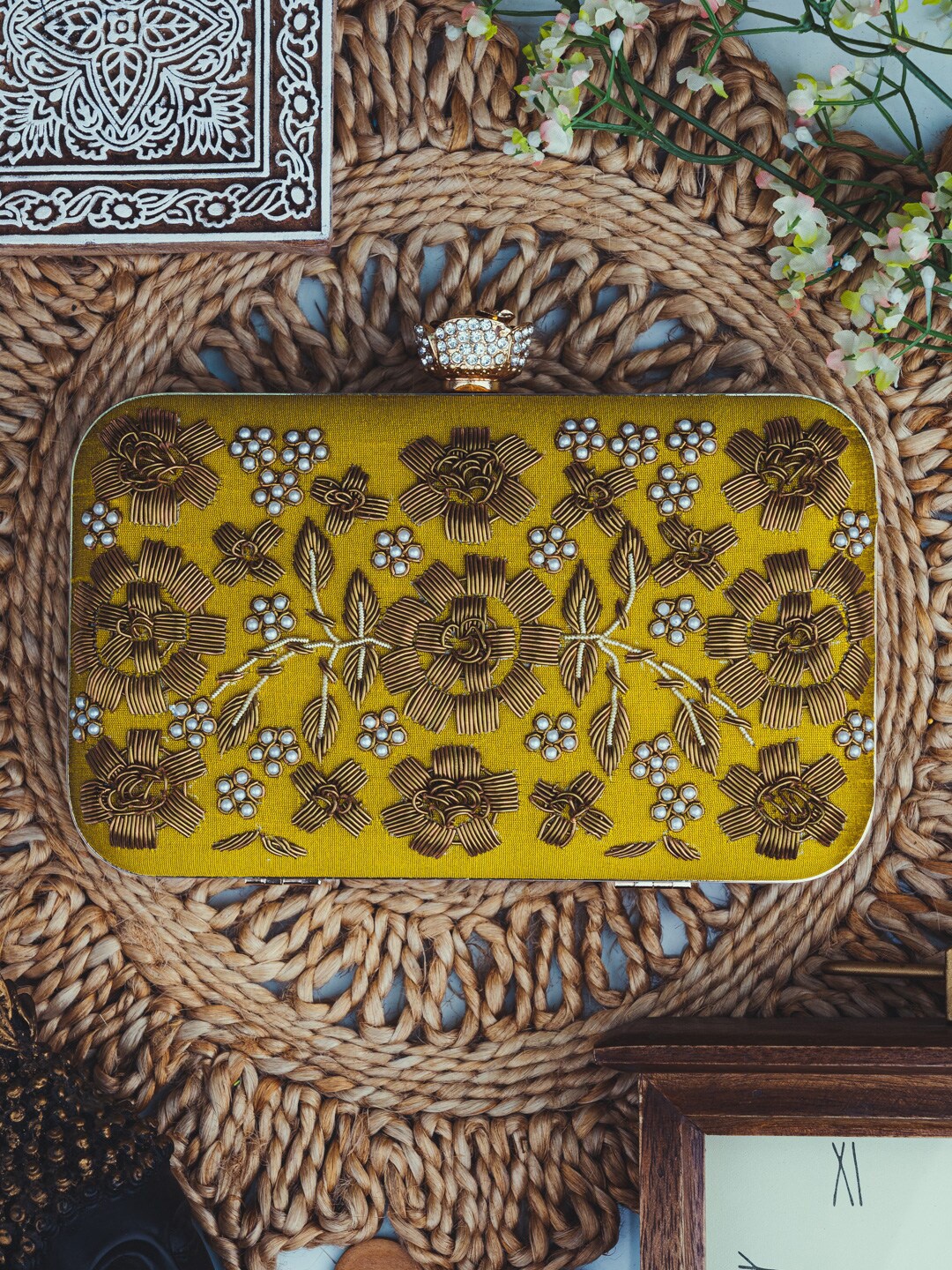 

NR By Nidhi Rathi Embellished Box Clutch, Mustard