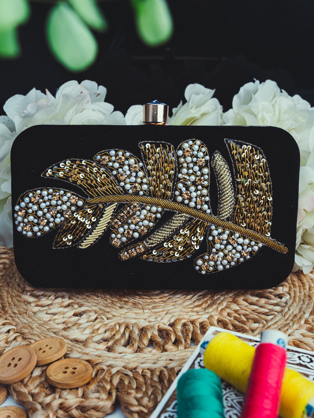 

NR By Nidhi Rathi Embroidered Box Clutch, Black