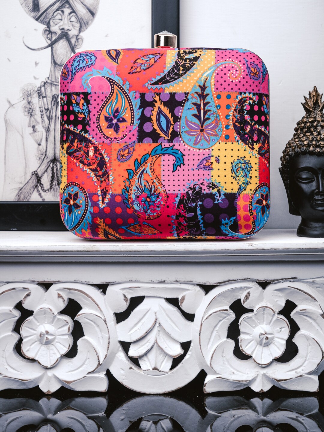 

NR By Nidhi Rathi Digital Printed Box Clutch, Pink