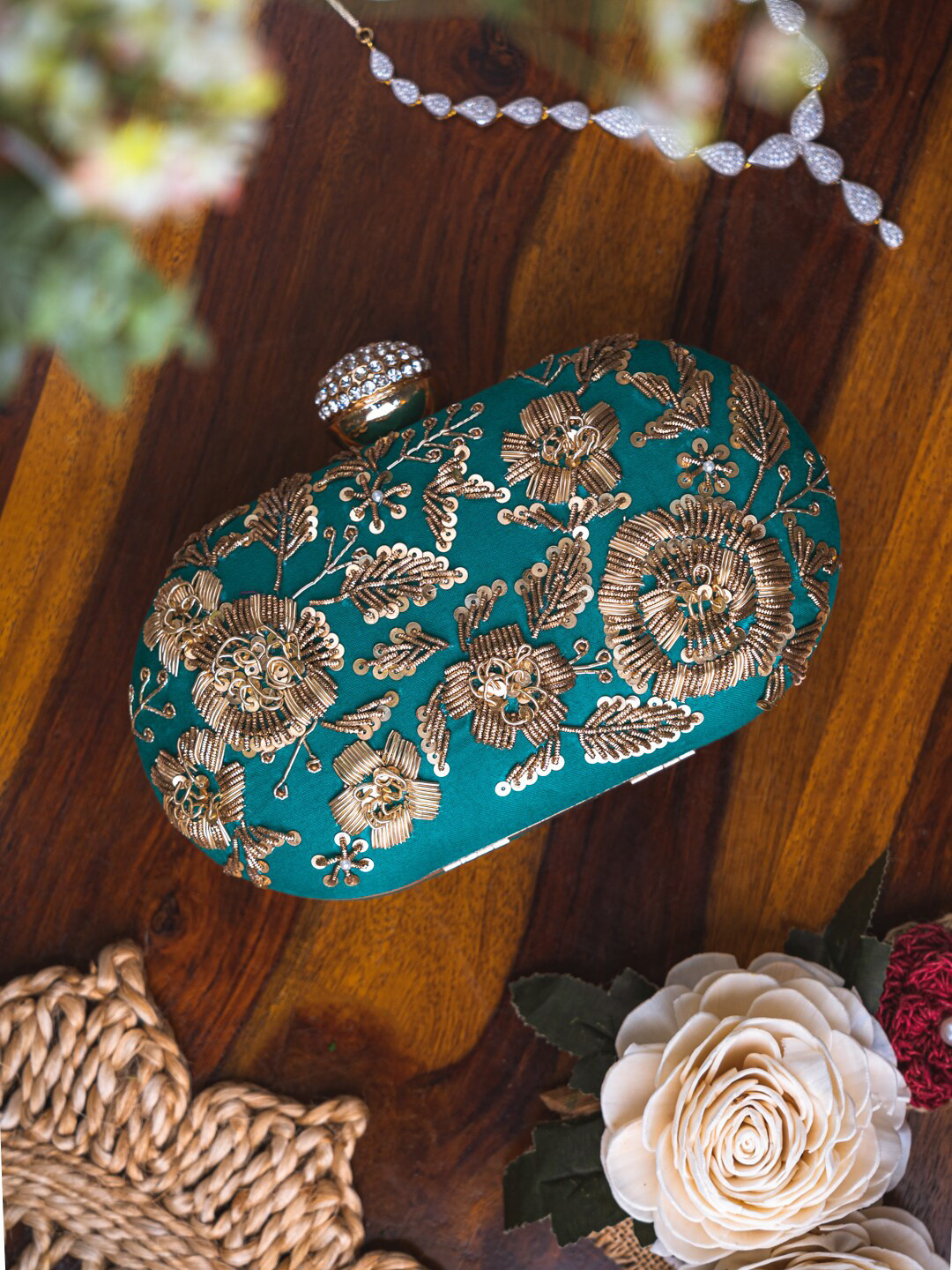 

NR By Nidhi Rathi Embroidered Box Clutch, Sea green