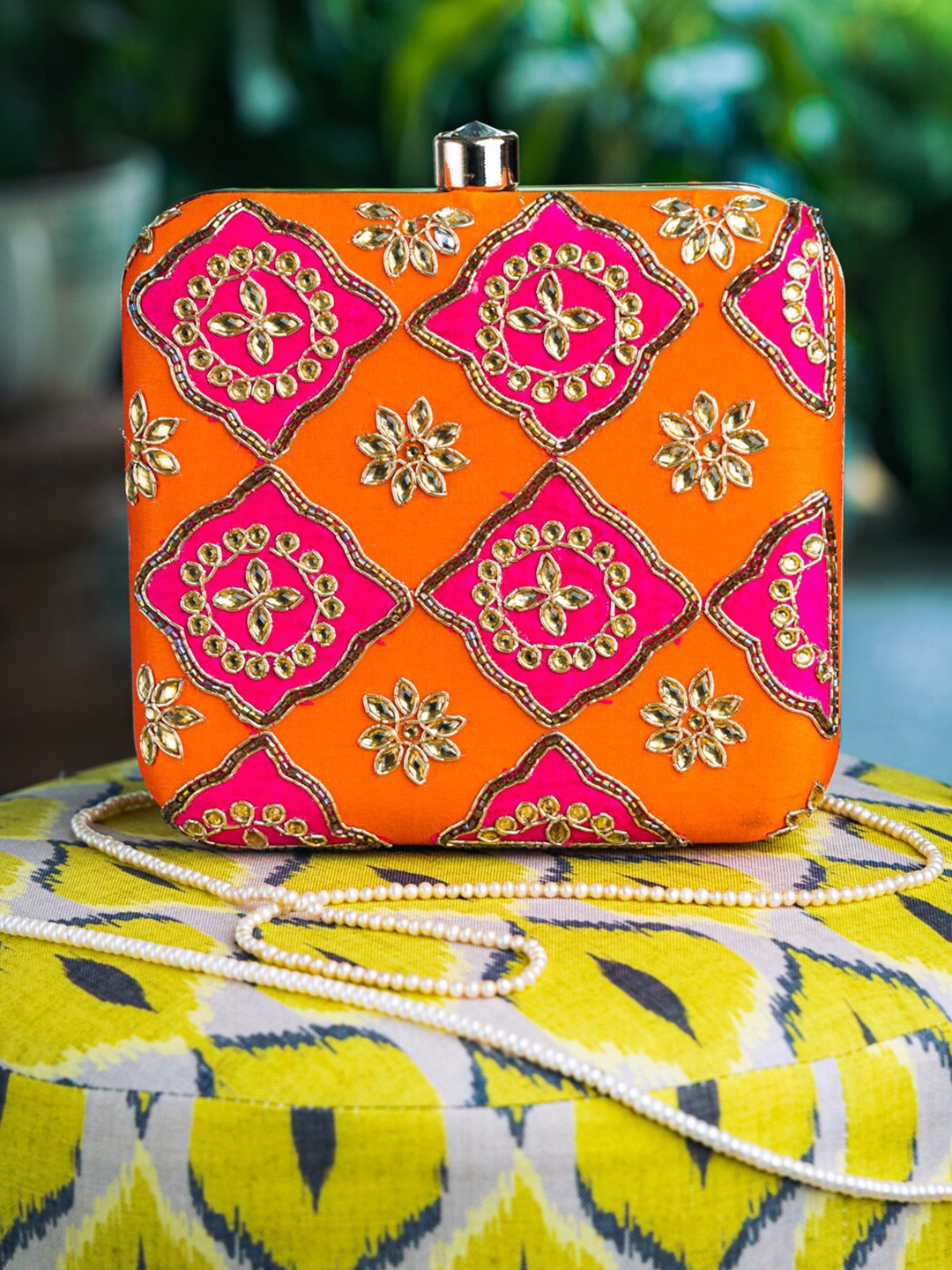 

NR By Nidhi Rathi Embroidered Box Clutch, Orange