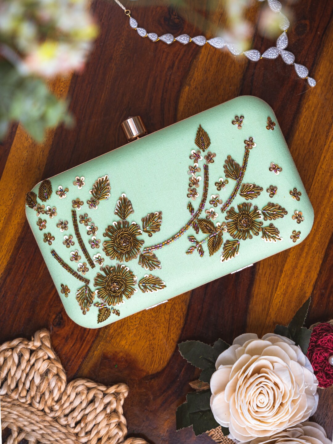 

NR By Nidhi Rathi Embroidered Box Clutch, Green