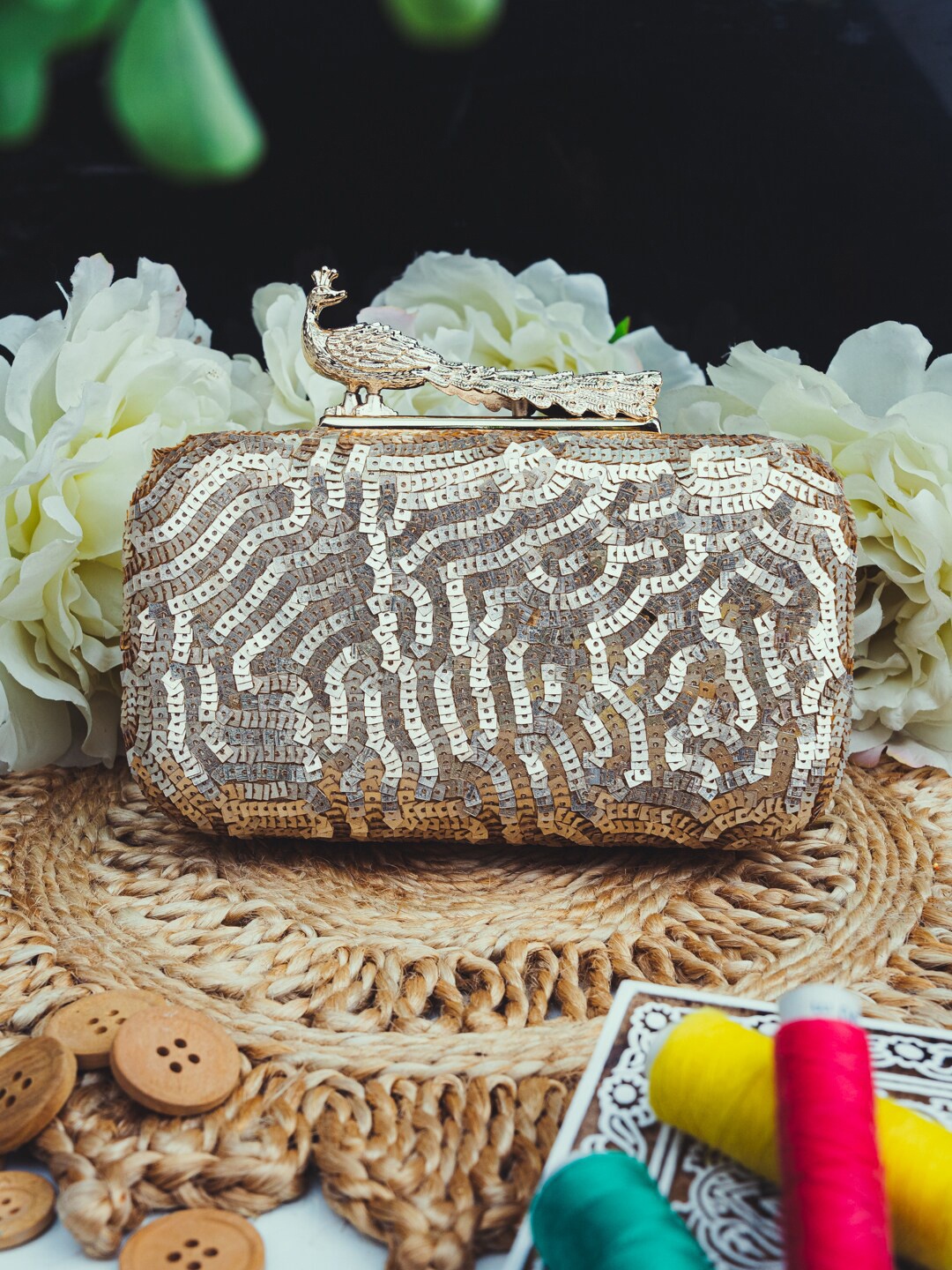 

NR By Nidhi Rathi Embellished Box Clutch, Gold