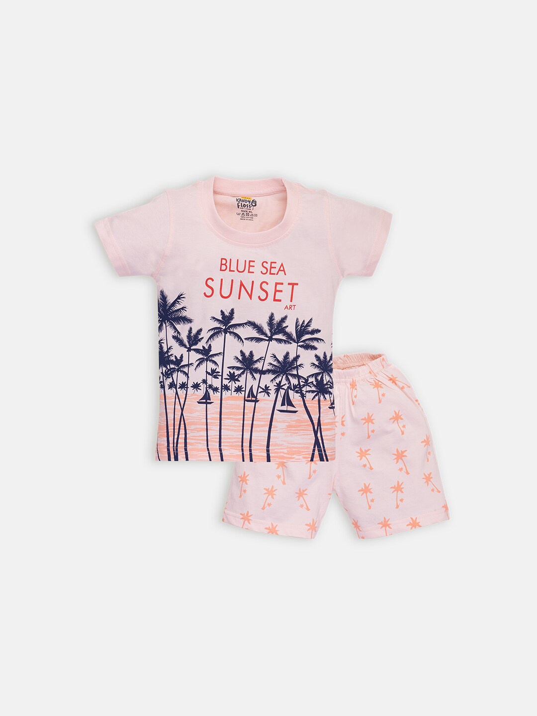 

AMUL Kandyfloss Boys Printed Pure Cotton T-shirt with Shorts, Peach