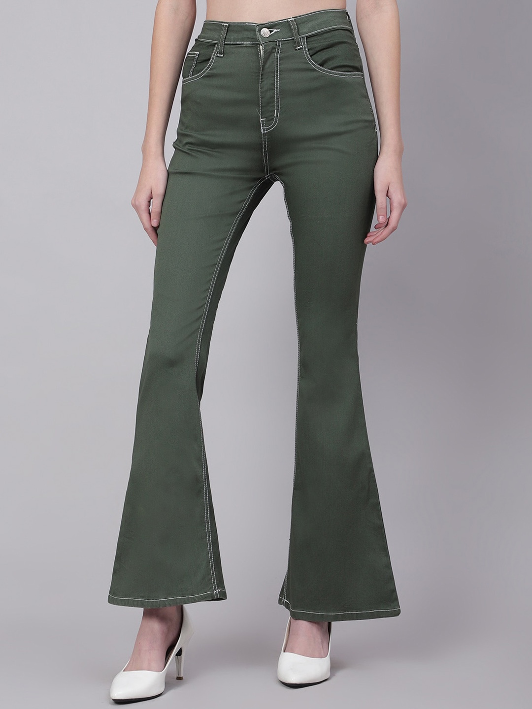 

Kotty Women Jean Bootcut High-Rise Low Distress Stretchable Jeans, Green