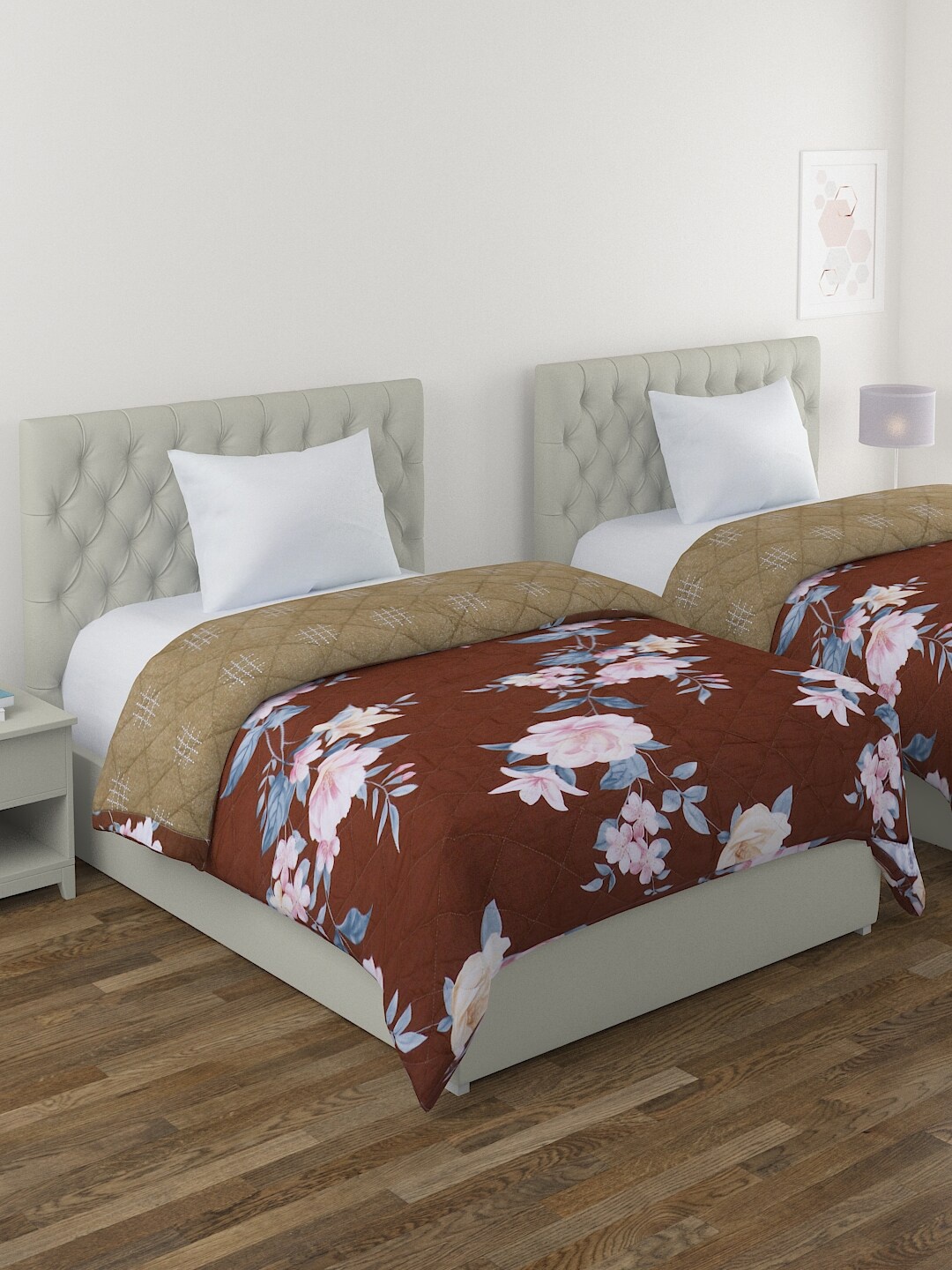 

A Homes Grace Coffee Brown & Pink Set of 2 Floral Microfiber AC Room 120 GSM Single Bed Comforter