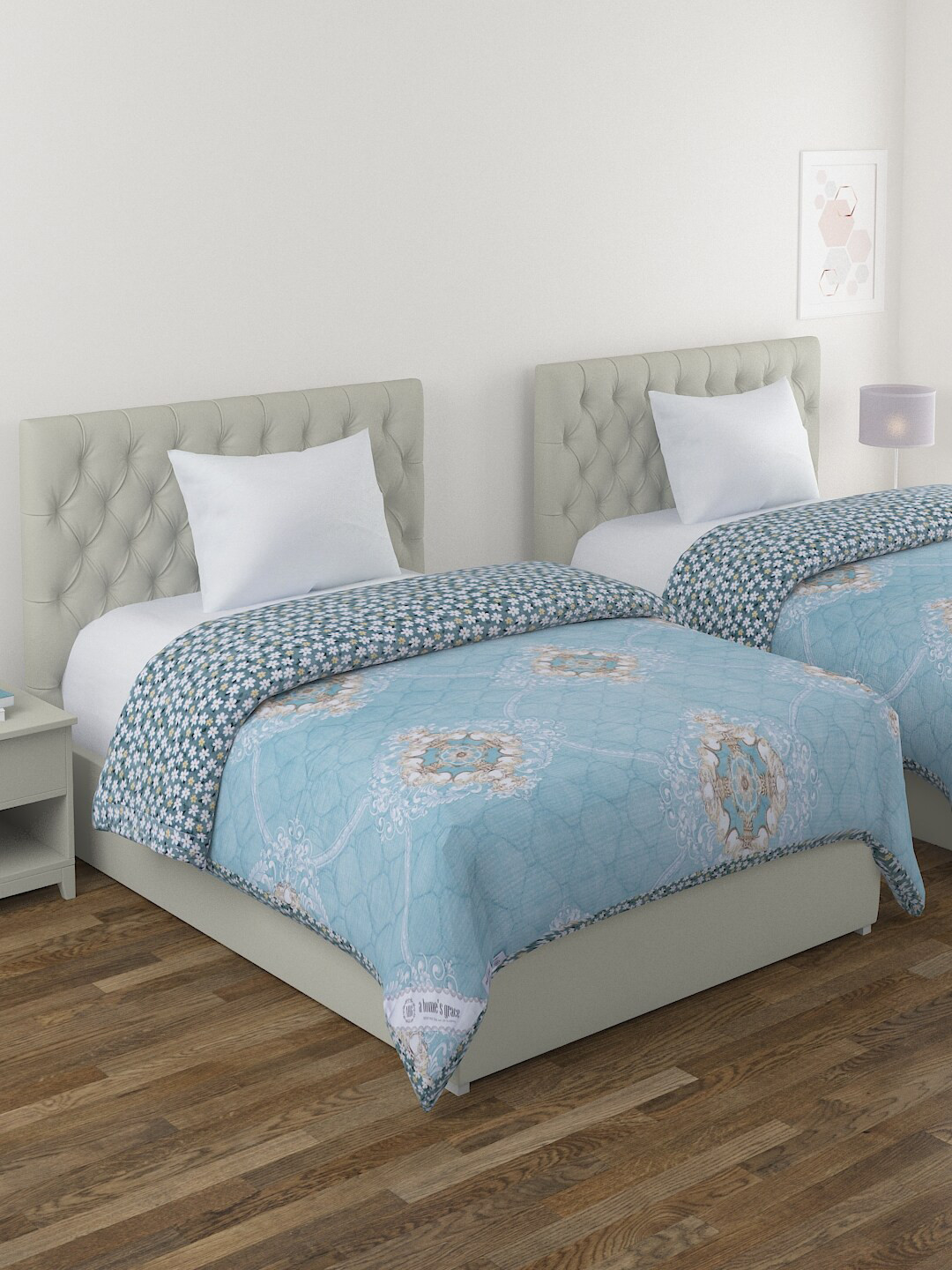 

A Homes Grace Turquoise Blue & White Set of 2 Ethnic Motifs Microfiber AC Room 120 GSM Single Bed Comforter