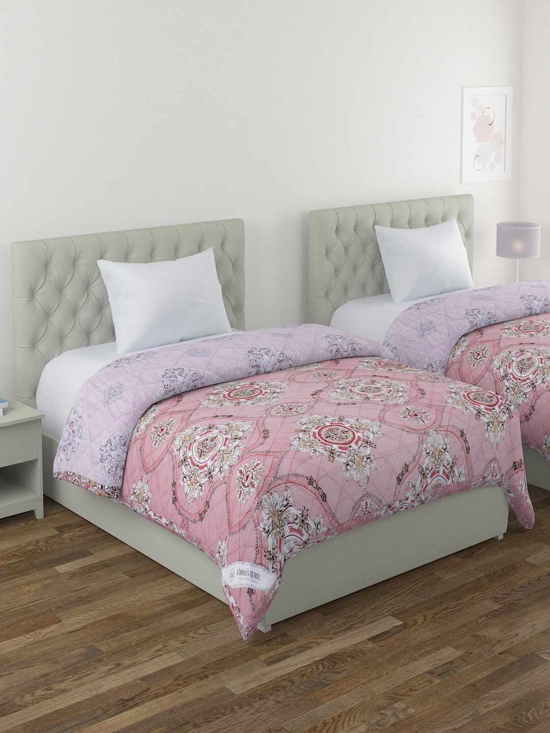 

A Homes Grace Pink & White Set of 2 Ethnic Motifs Microfiber AC Room 120 GSM Single Bed Comforter