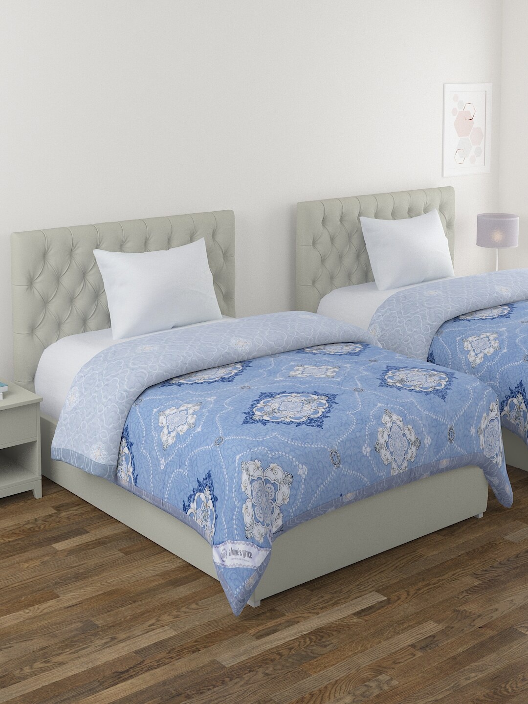 

A Homes Grace Blue & White Set of 2 Ethnic Motifs Microfiber AC Room 120 GSM Single Bed Comforter