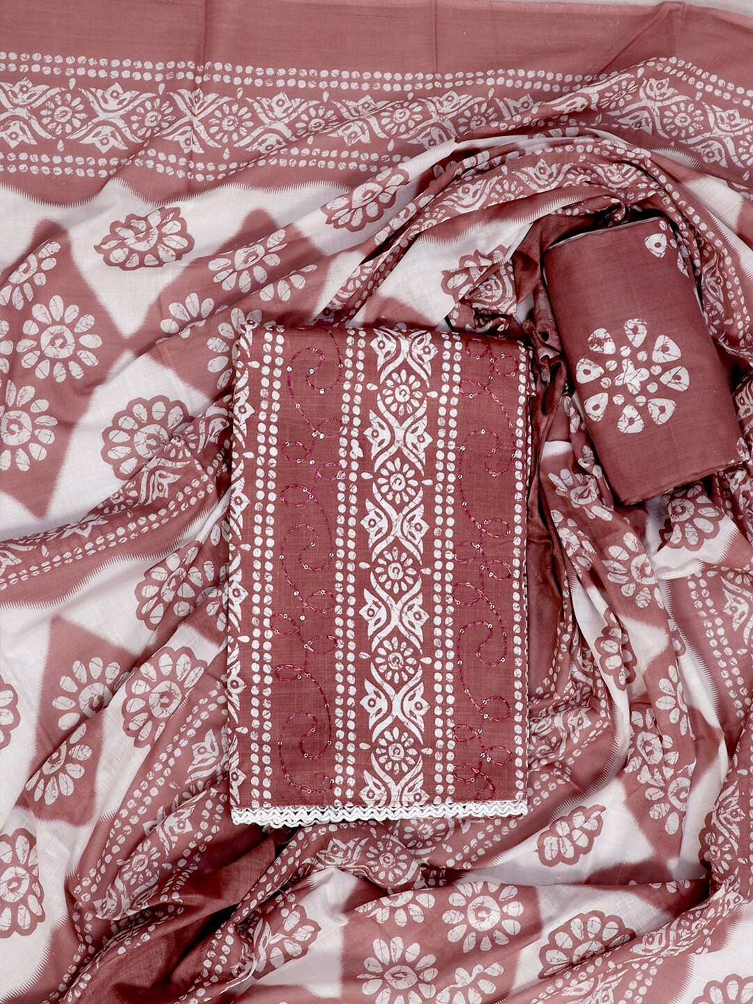 

SALWAR STUDIO Brown & White Embellished Pure Cotton Unstitched Dress Material