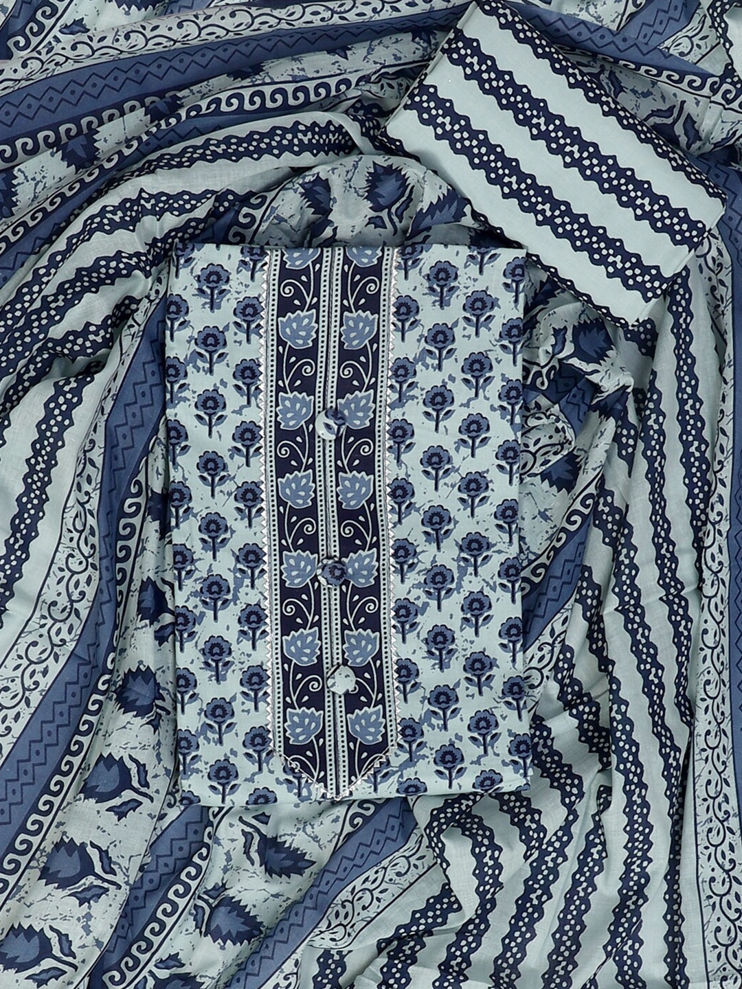 

SALWAR STUDIO Blue & White Printed Pure Cotton Unstitched Dress Material