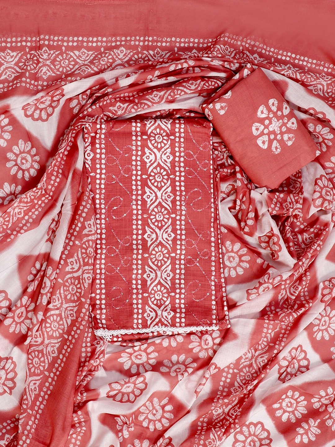 SALWAR STUDIO Printed Pure Cotton Unstitched Dress Material, Red