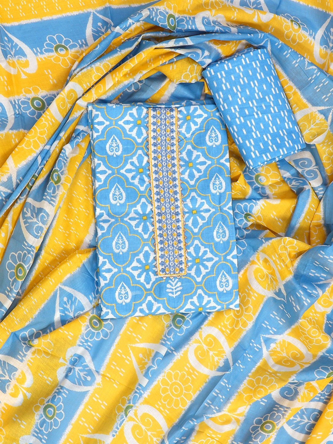 

SALWAR STUDIO Blue & Yellow Printed Pure Cotton Unstitched Dress Material