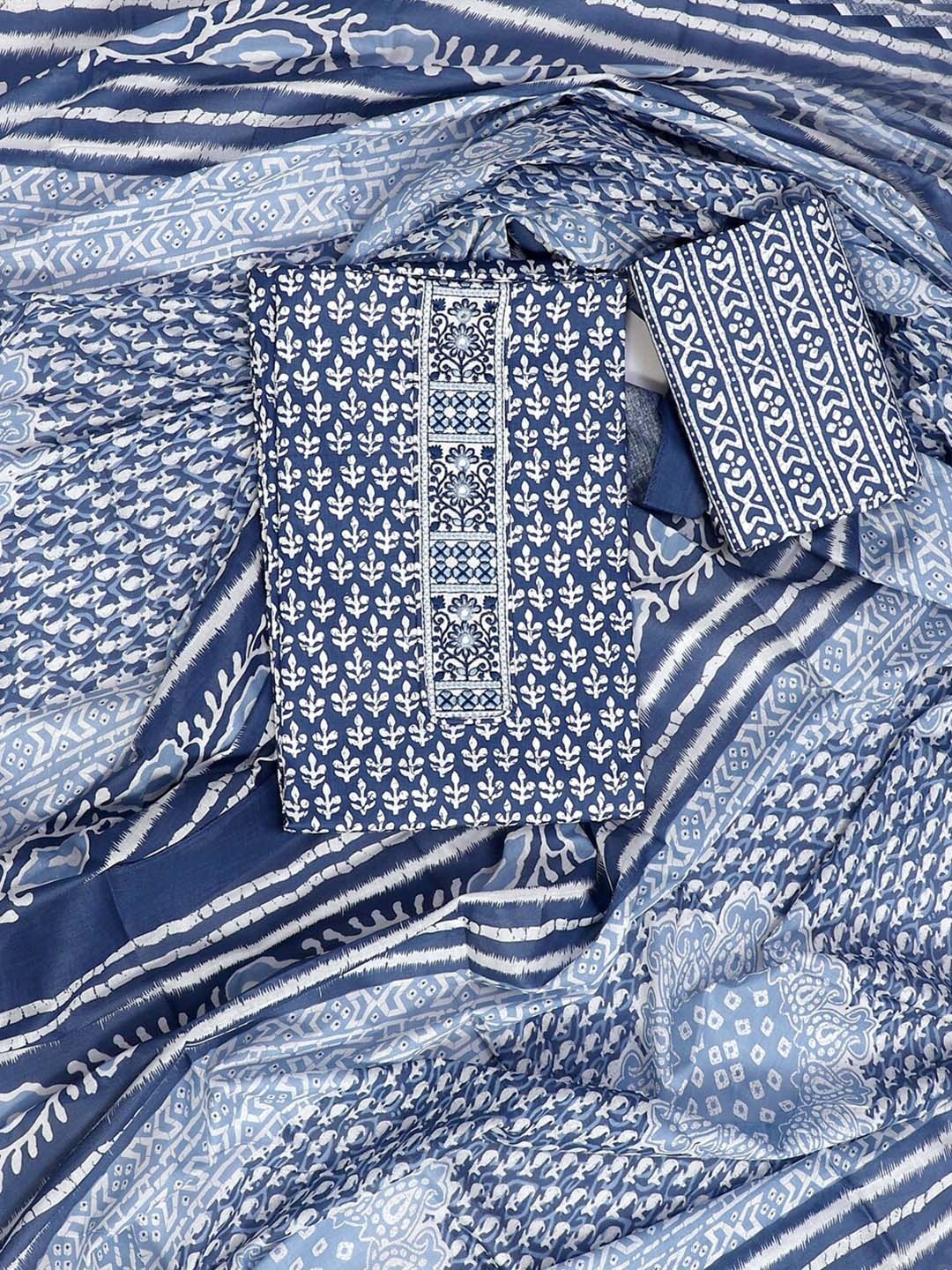 

SALWAR STUDIO Printed Pure Cotton Unstitched Dress Material, Blue