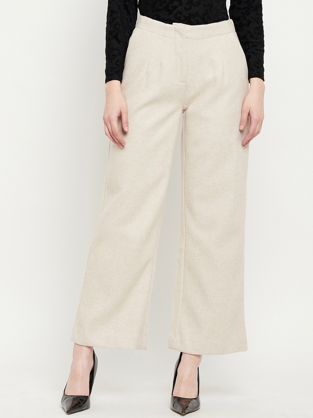 

Madame Women Beige Flared Pleated Trousers