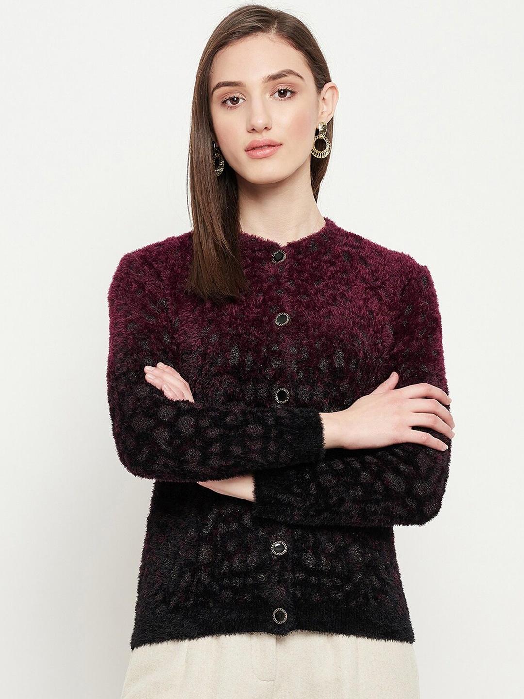 

Madame Women Cable Knit Acrylic Cardigan, Maroon