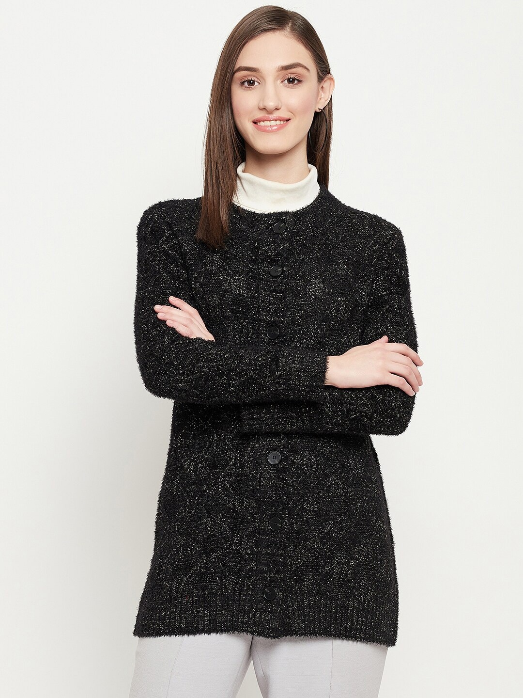 

Madame Women Cable Knit Acrylic Cardigan, Black