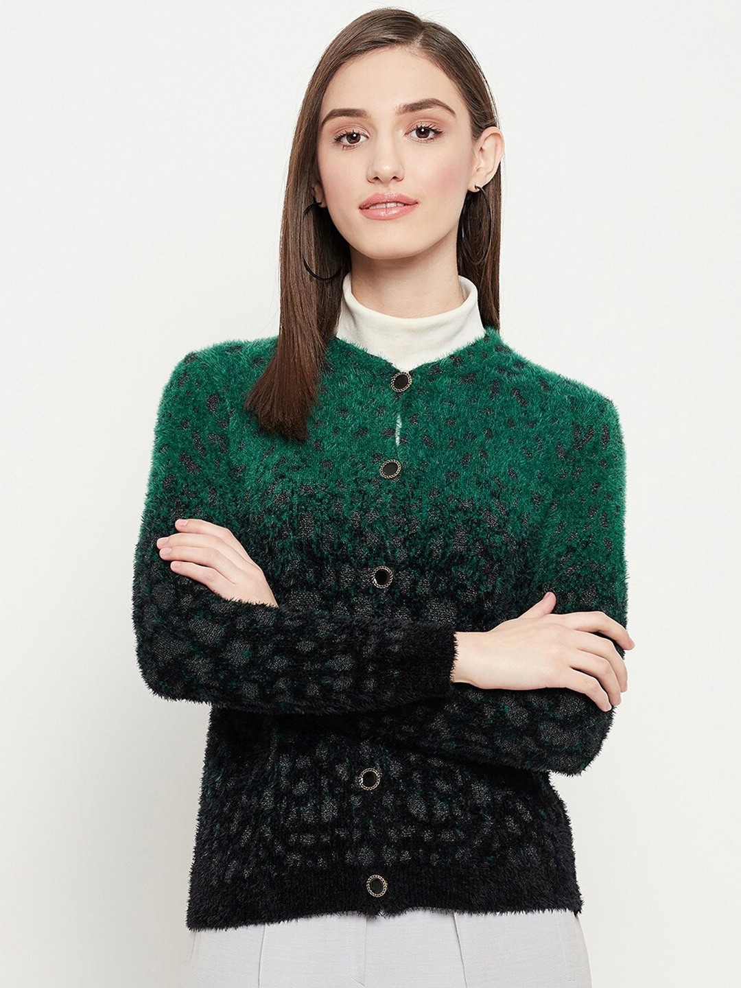 

Madame Women Printed Acrylic Cardigan With Fuzzy Detail, Green