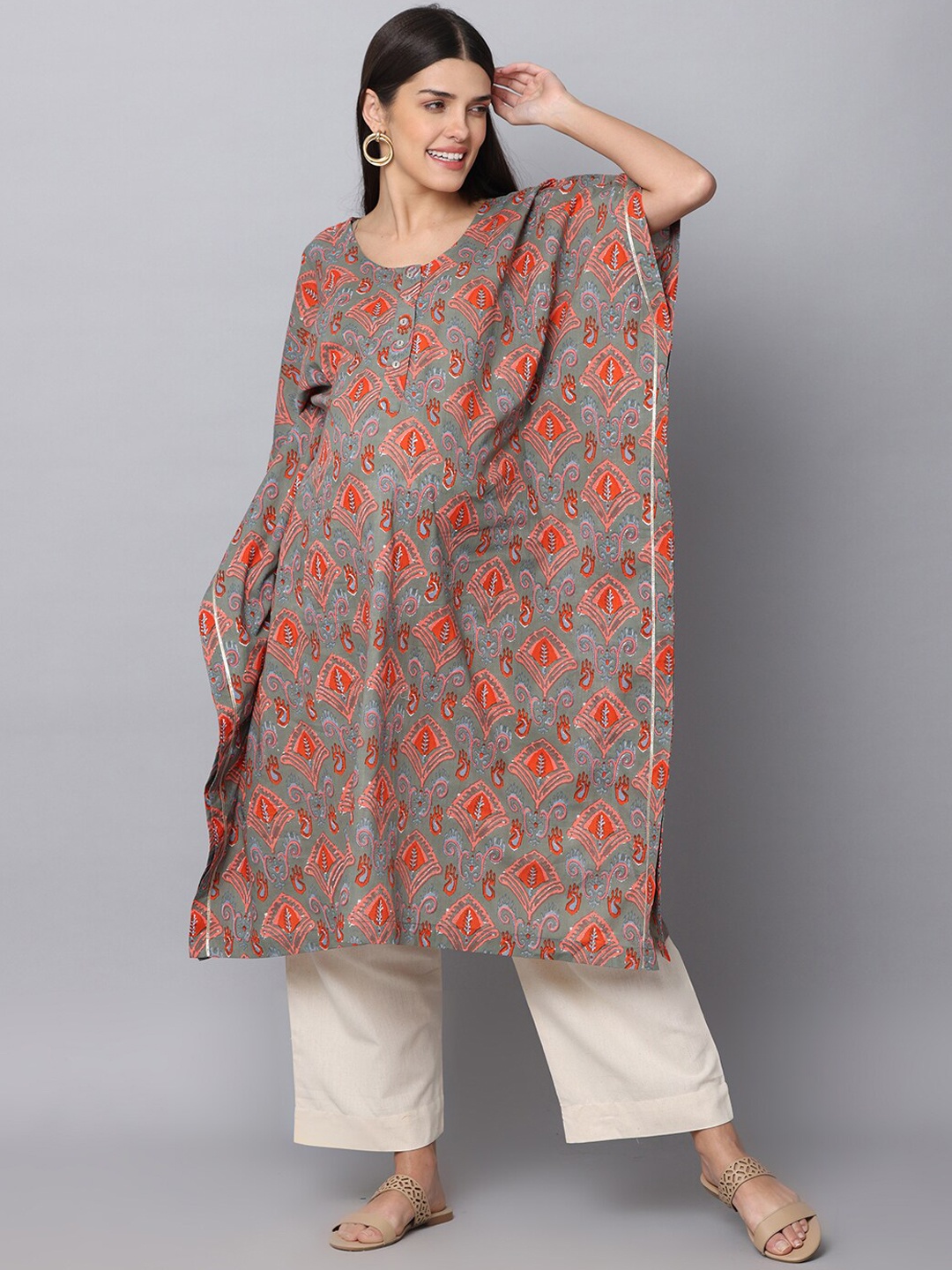 

The Mom Store Women Ethnic Motifs Printed Pure Cotton Kurta with Palazzos, Grey