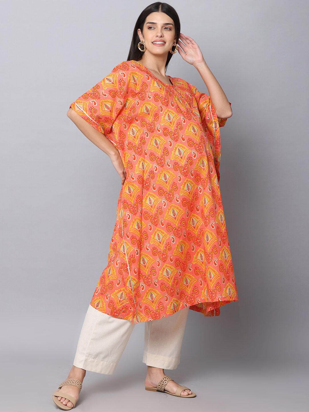 

The Mom Store Ethnic Motifs Printed Kaftan Pure Cotton Maternity Kurta with Trousers, Orange