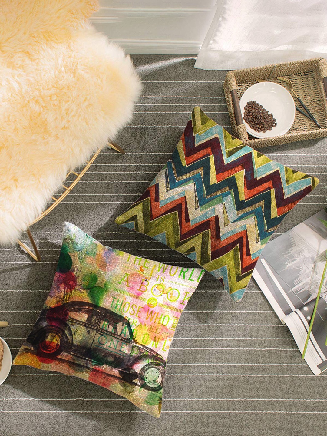 

HOUZZCODE Blue & Rust Set of 2 Geometric Square Cushion Covers