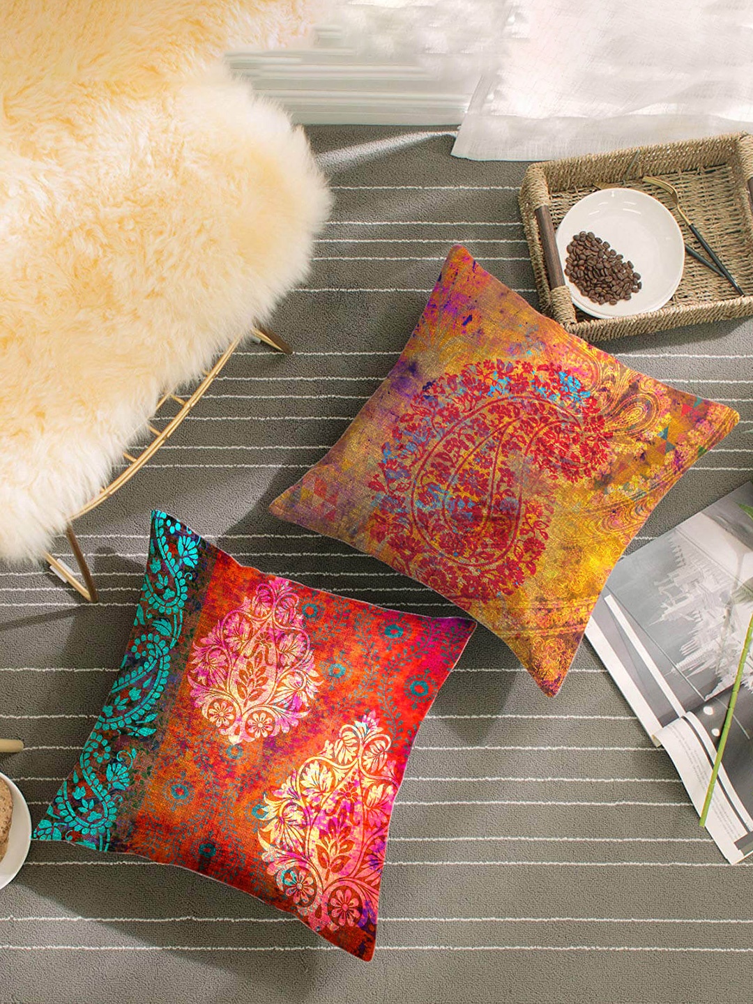 

HOUZZCODE Splendor Red & Blue Set of 2 Ethnic Motifs Square Cushion Covers