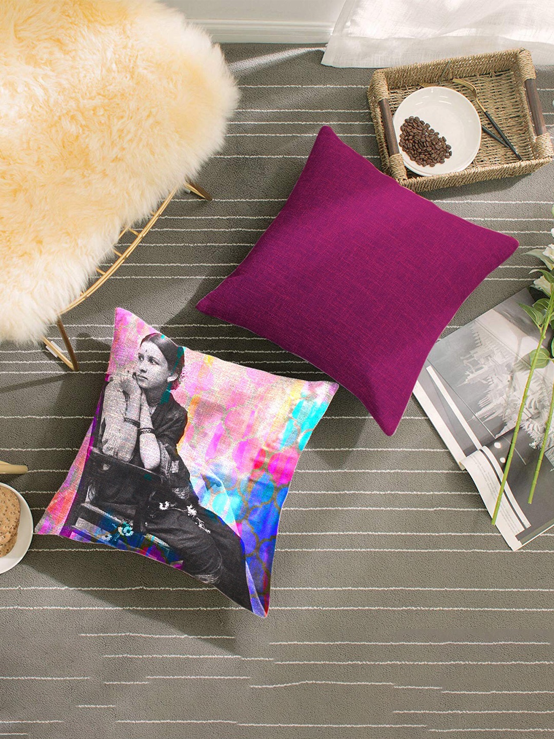 

HOUZZCODE Pink & Black Set of 2 Conversational Square Cushion Covers
