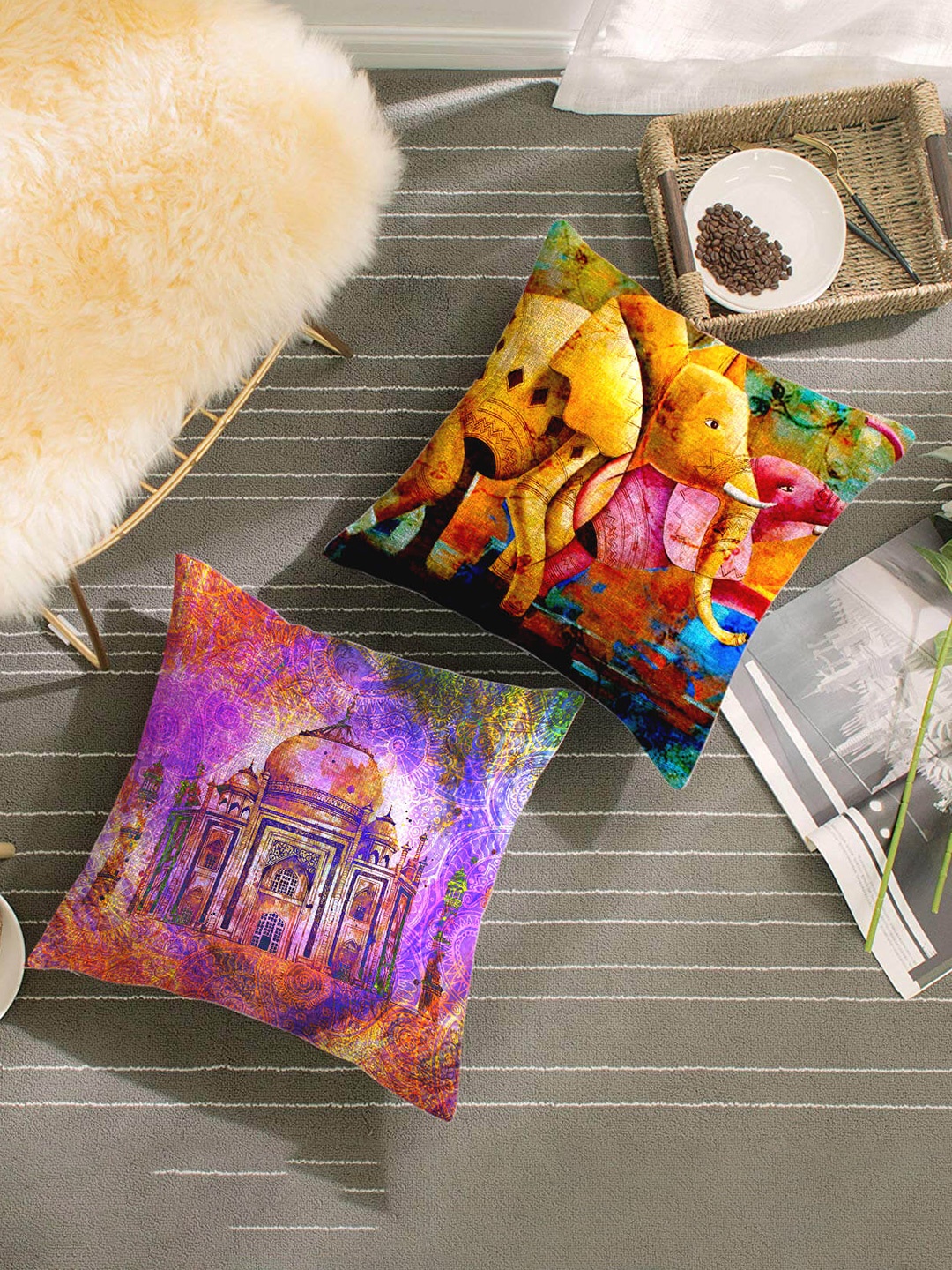 

HOUZZCODE Purple & Yellow Set of 2 Ethnic Motifs Square Cushion Covers