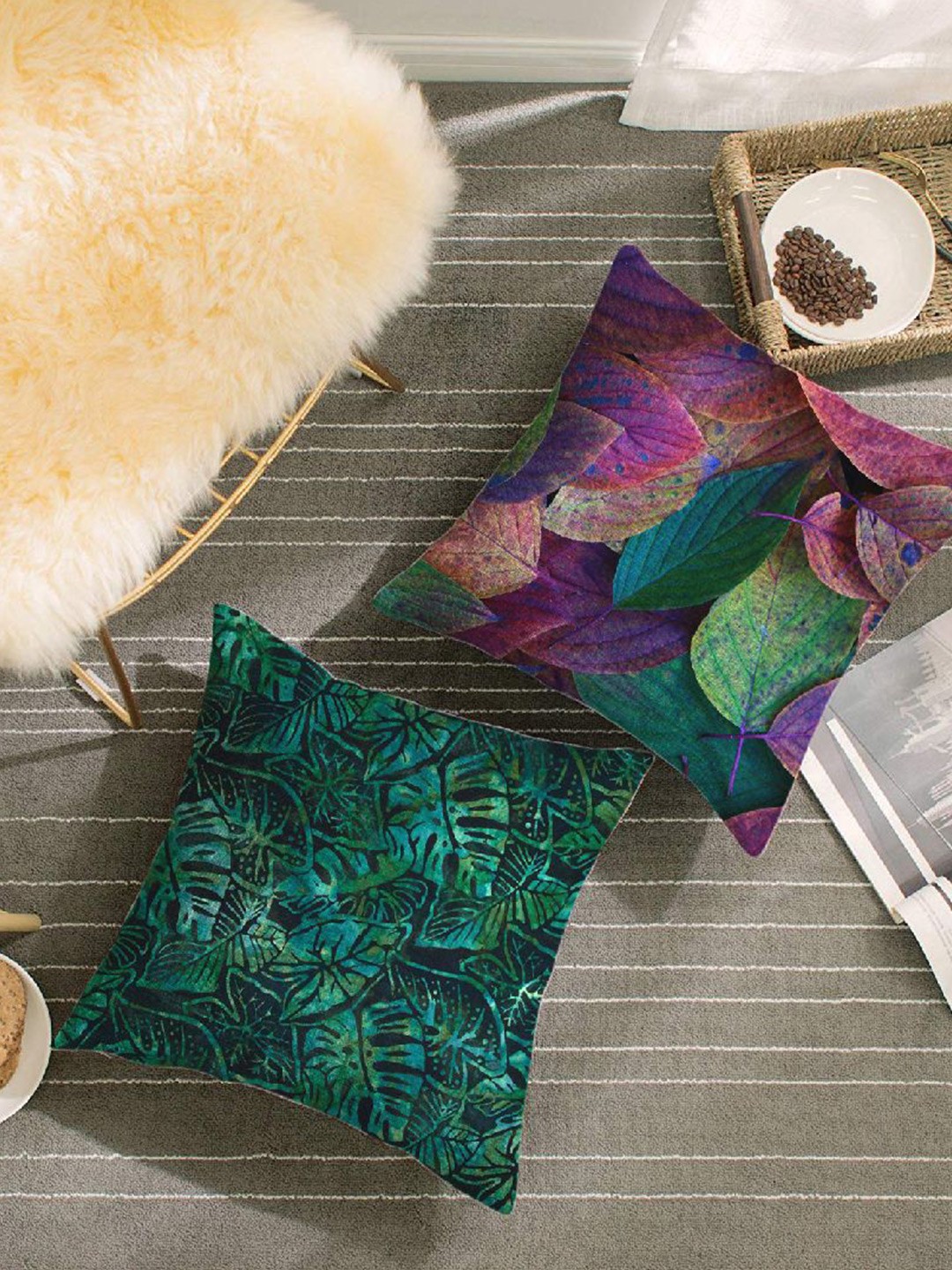 

HOUZZCODE Green & Purple Set of 2 Floral Square Cushion Covers