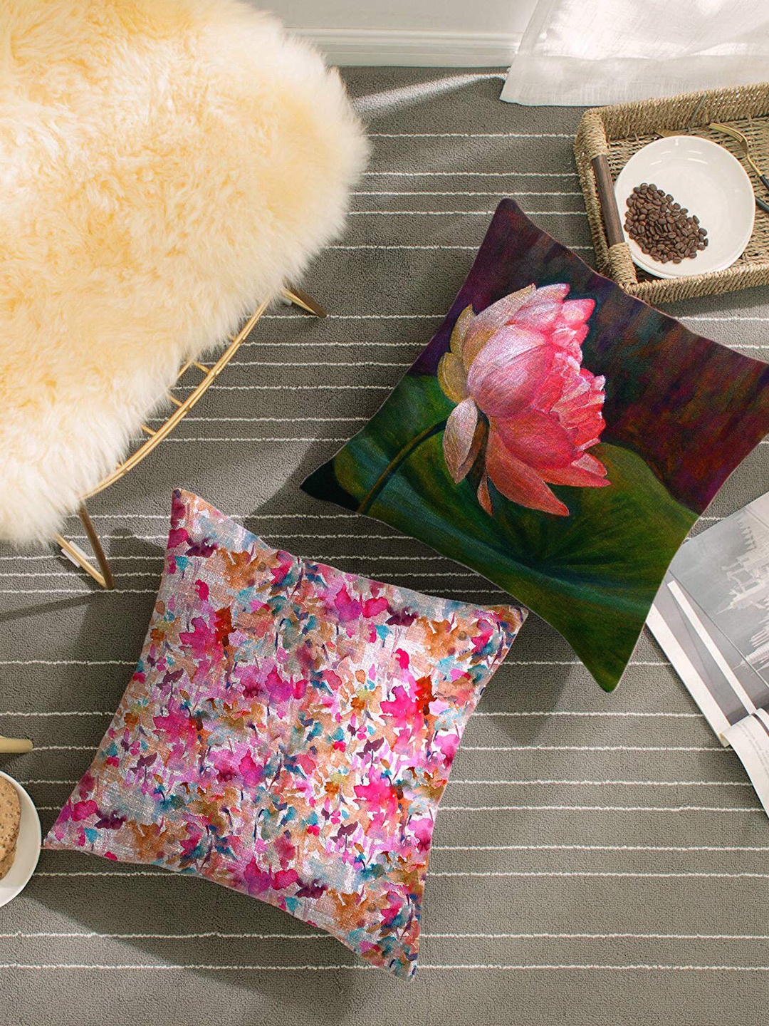 

HOUZZCODE Green & Pink Set of 2 Floral Square Cushion Covers