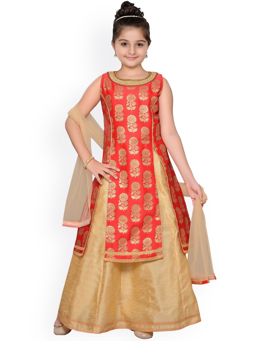 

ADIVA Girls Red & Beige Woven Design Lehenga Choli & Dupatta
