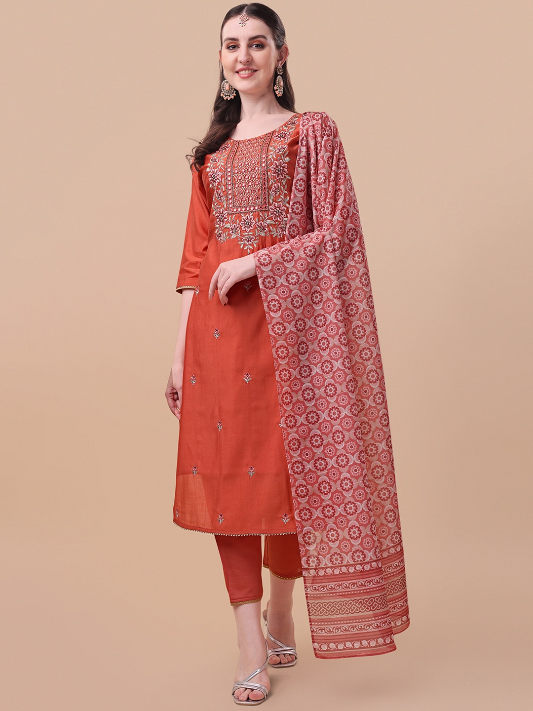 

Berrylicious Women Floral Embroidered Chanderi Cotton Kurta with Trousers & Dupatta, Rust