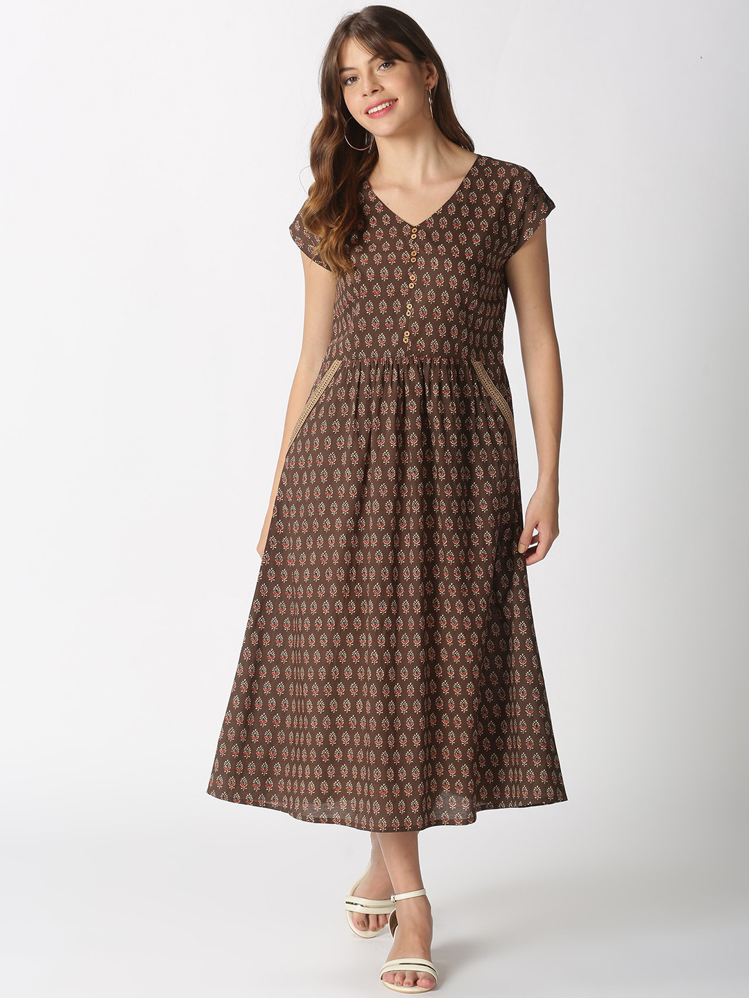 

Saffron Threads Ethnic Motifs Printed Pure Cotton Midi-Length Ethnic Dress, Brown