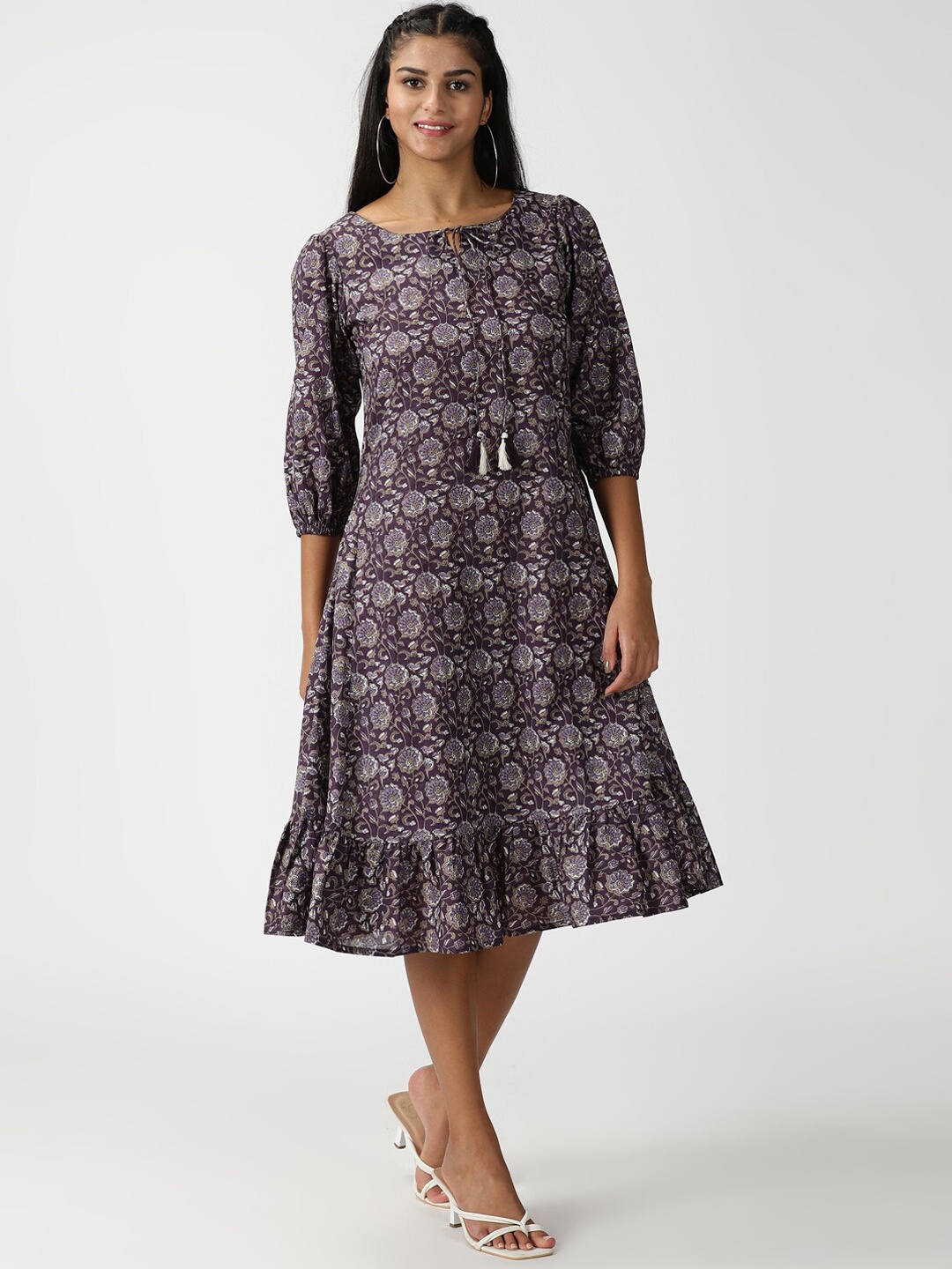 

Saffron Threads Women Floral Printed Pure Cotton A-Line Midi Ethnic Dress, Purple