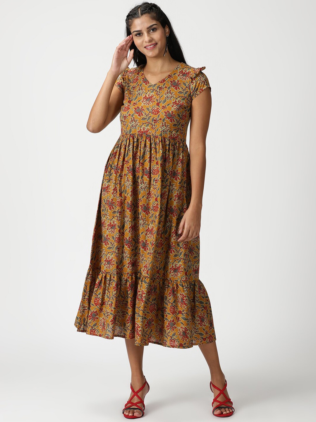 

Saffron Threads Floral Printed Pure Cotton Midi Dress, Mustard