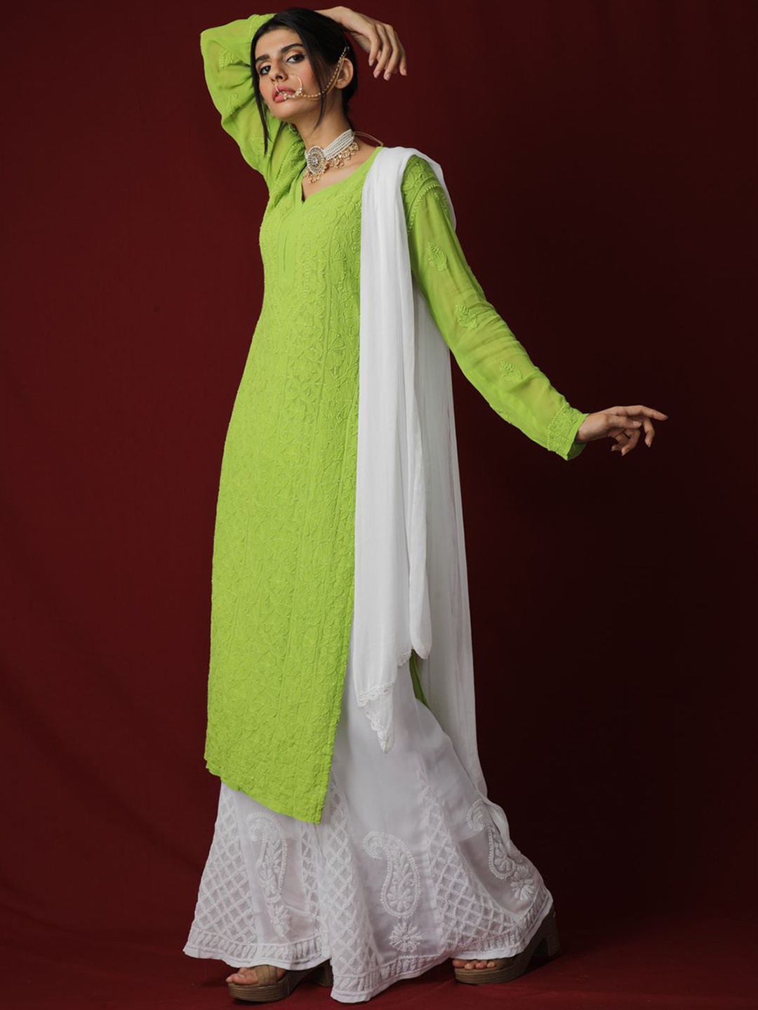 

LABEL AISHWARYRIKA Women Ethnic Motifs Embroidered Kurta with Palazzos & Dupatta, Green